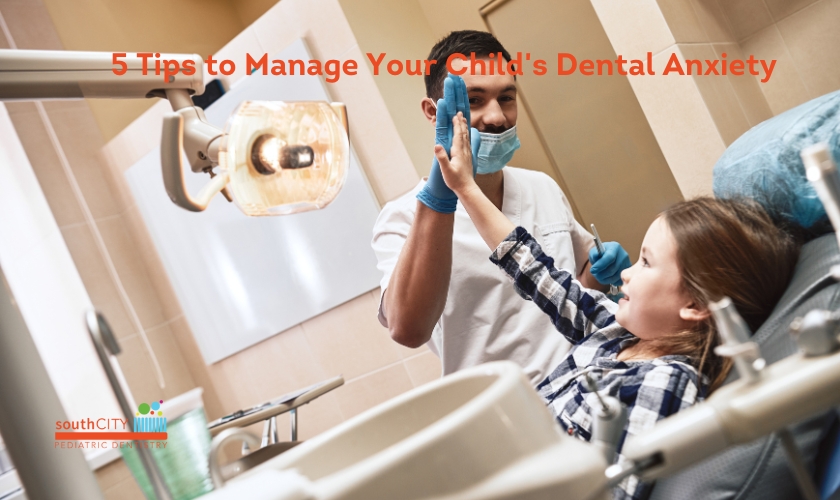 Illustration featuring a parent comforting a child at the dentist's office, representing strategies to manage dental anxiety in children.